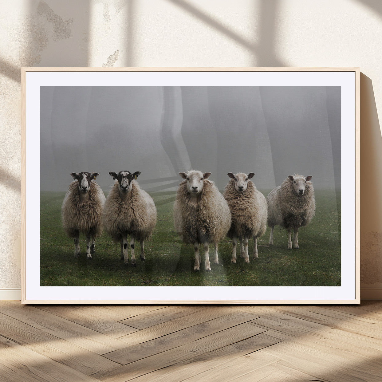 87339-MGV-CV-36X24-Sheep Wall Art – Rustic Farmhouse Canvas Print Flock Standing Misty Field Countryside Photography, Country Animal Decor for Living
