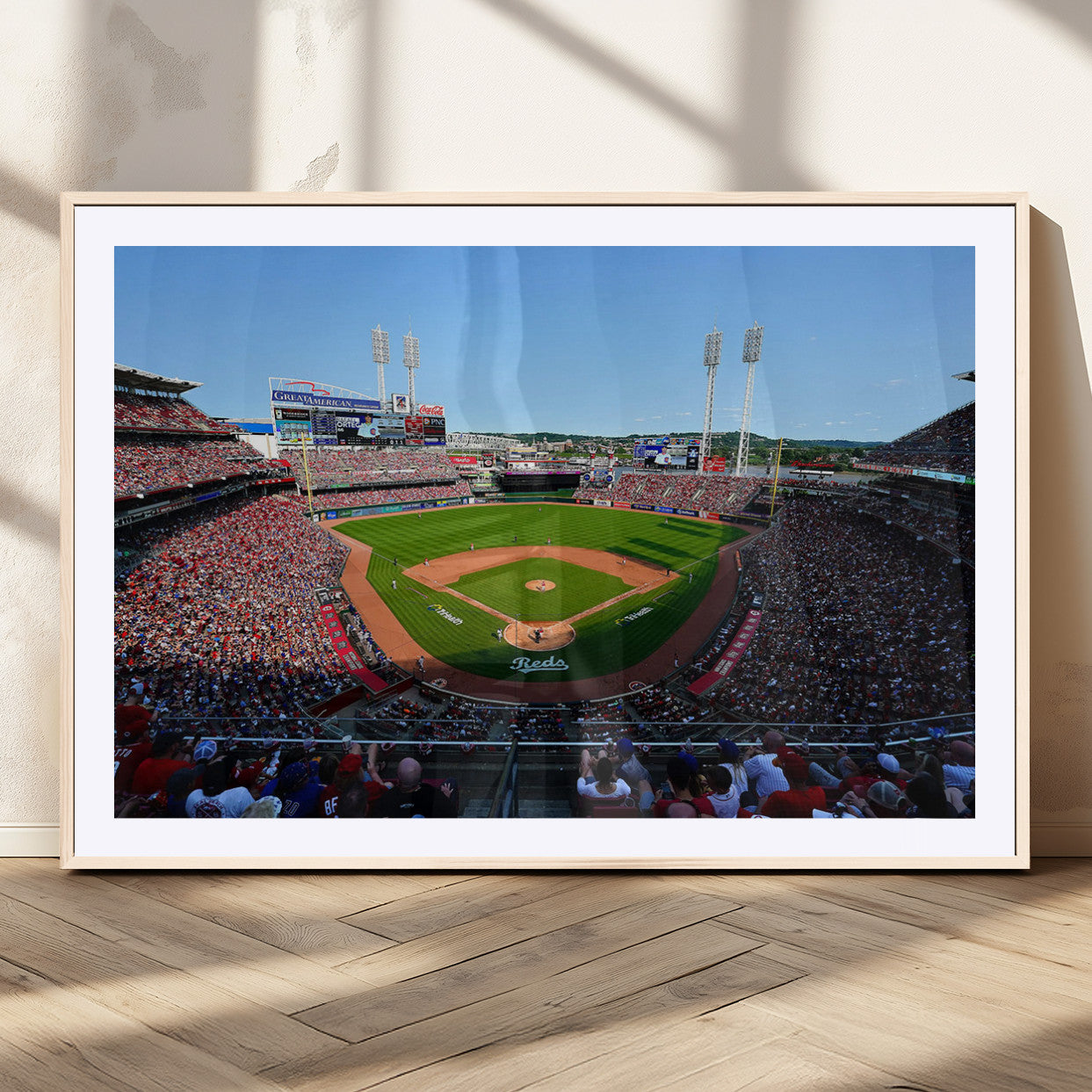 90998-MGC-FP-36x24_Natural-Baseball Stadium Wall Art – Canvas Print Day Game Field Packed Crowd Bright Blue Sky Sports Photography, Classic Decor for Game