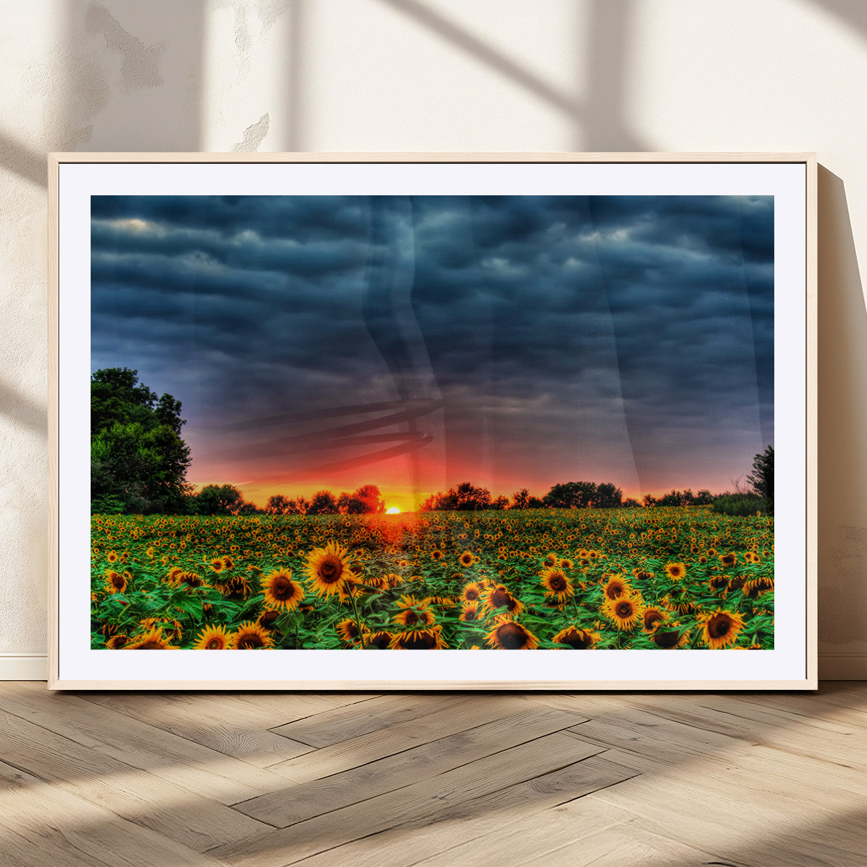 45045-MGC-FP-36x24_Natural-Sunflower Field Sunset Wall Art – Dramatic Stormy Sky Landscape Print, Vibrant Yellow Floral Nature Canvas for Living Room,
