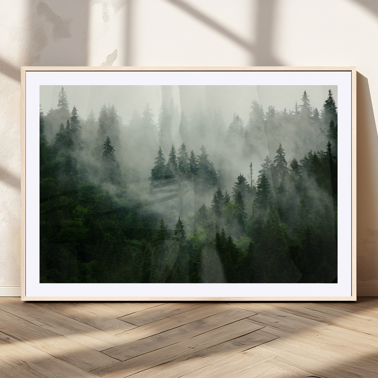167720496-MGV-CV-36X24-Misty Forest Wall Art – Serene Evergreen Trees Canvas Print, Foggy Mountain Nature Landscape Decor for Bedroom, Living Room or