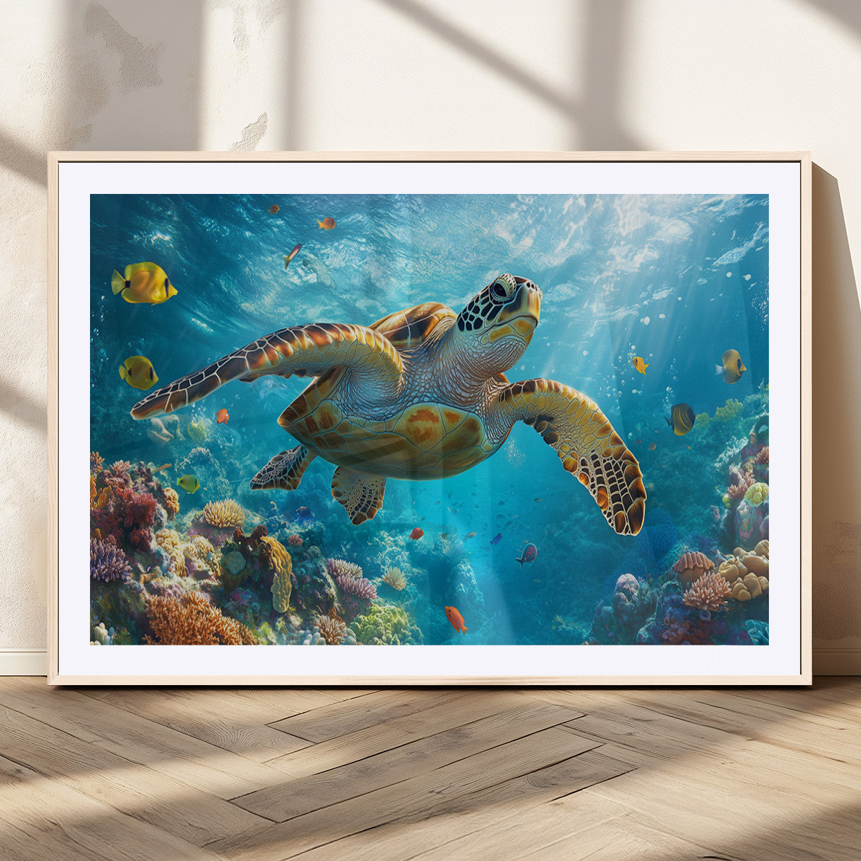 37623-MGC-FP-36x24_Natural-Sea Turtle Wall Art – Underwater Ocean Canvas Print with Coral Reef and Tropical Fish, Marine Life Painting Poster for Living