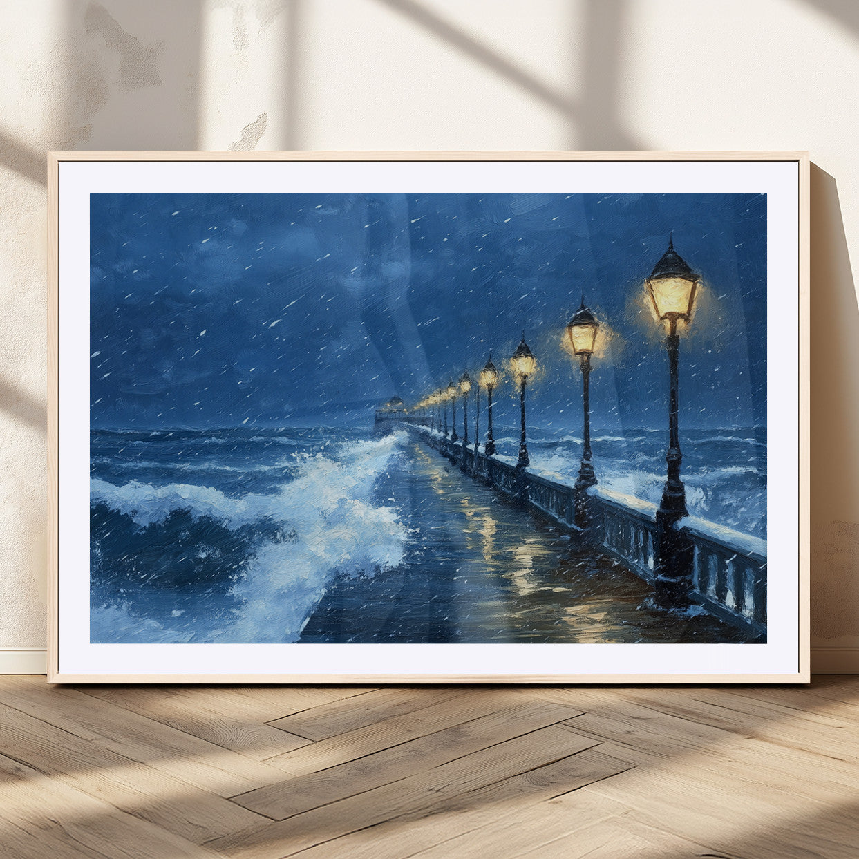 32668-MGC-FP-36x24_Natural-Stormy Pier Wall Art – Ocean Waves and Street Lamps Canvas Print, Rainy Night Seascape Oil Painting Poster for Living Room,