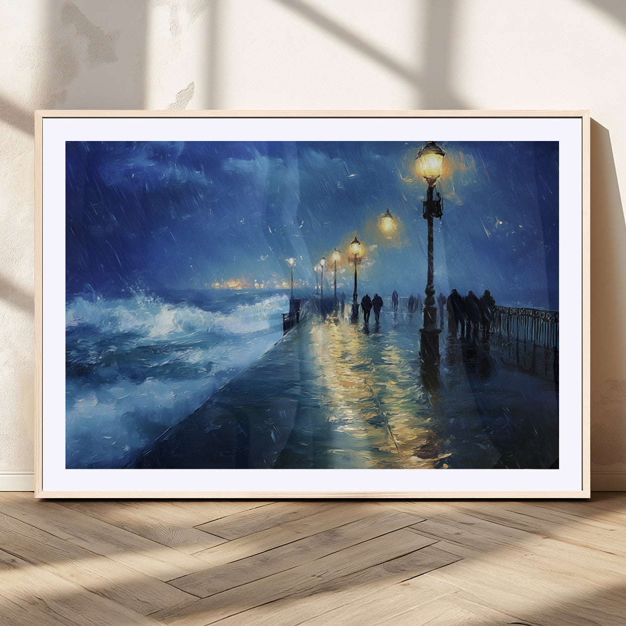 76572-MGV-CV-36X24-Stormy Night Pier Wall Art – Ocean Waves and Street Lamps Canvas Print, Rainy Seascape Oil Painting Poster for Living Room,