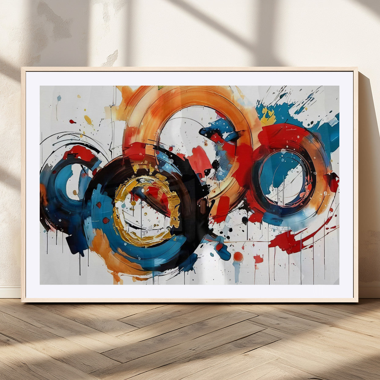 88266-MGC-FP-36x24_Natural-Abstract Wall Art – Colorful Circle Canvas Print Red, Blue, Black and Gold, Modern Contemporary Painting Poster for Living Room,