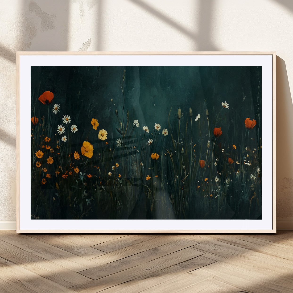 87037-MGC-FP-36x24_Natural-Wildflower Wall Art – Dark Botanical Floral Canvas Print, Modern Nature Painting Poster with Daisies Poppies Orange Flowers for