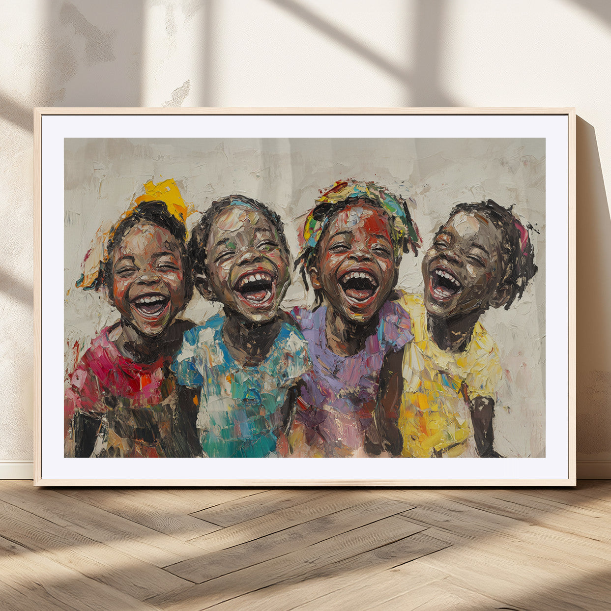 93034-MGV-CV-36X24-Happy Children Wall Art – Colorful Kids Laughing Canvas Print, Joyful Expressionist Painting for Living Room, Playroom, Office or