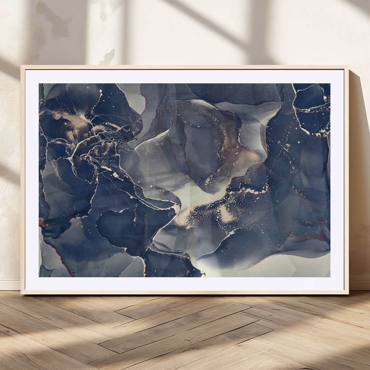 28282-MGC-FP-36x24_Natural-Blue Abstract Wall Art – Modern Ink Swirl Canvas Print, Contemporary Navy and Gold Painting for Living Room, Bedroom, Office or