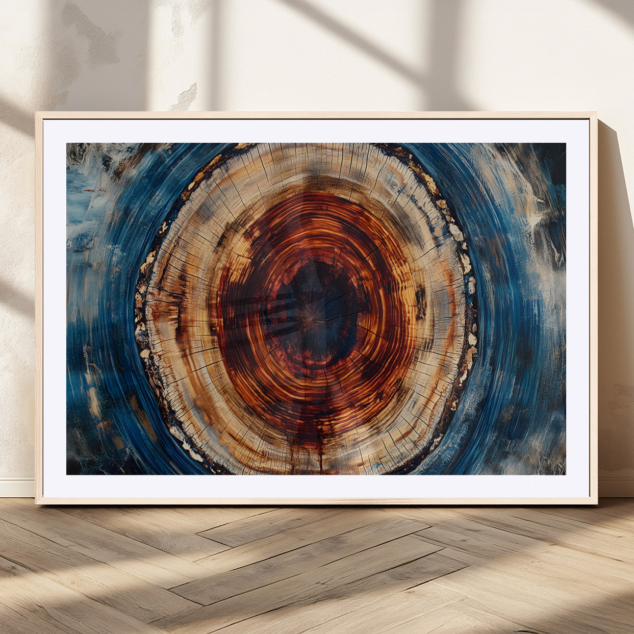 90395-MGV-CV-36X24-Tree Ring Wall Art – Abstract Wood Grain Canvas Print with Fiery Red and Blue Tones, Bold Rustic Nature Inspired Artwork Decor for