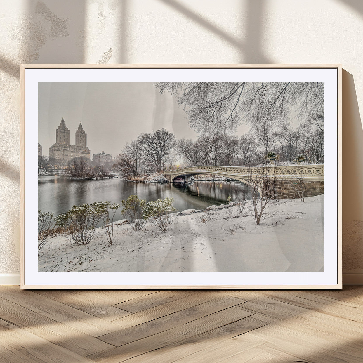 60292-MGV-CV-36X24-Central Park Winter Wall Art – Snowy Bow Bridge Canvas Print, Scenic New York City Landscape Photography for Living Room, Bedroom