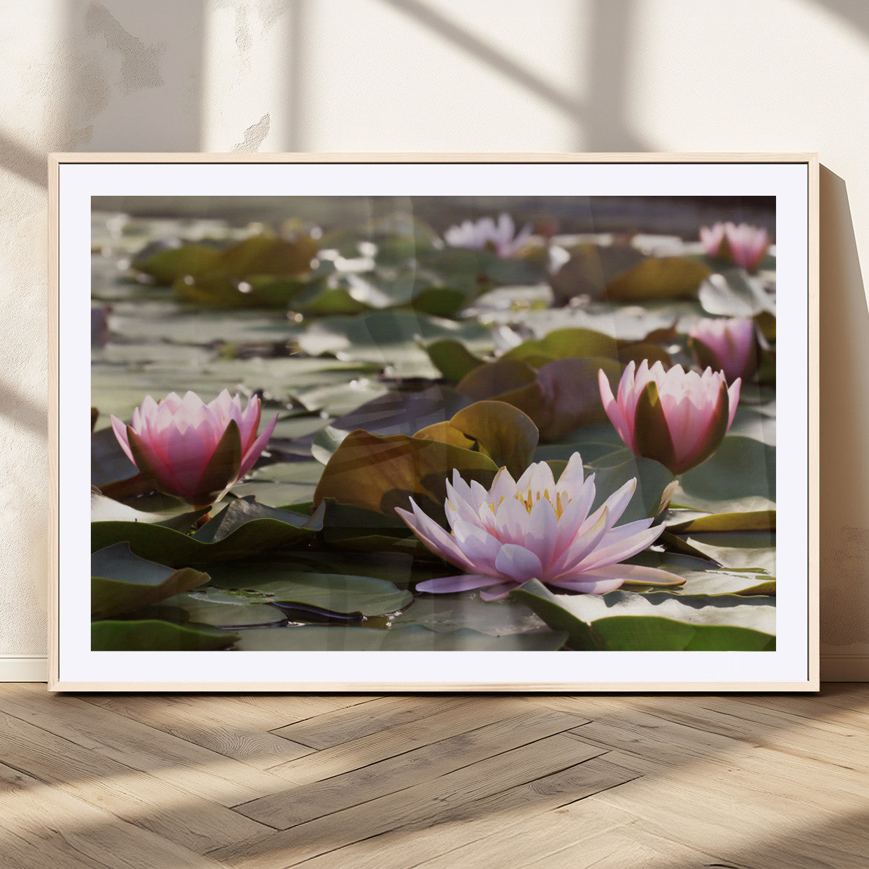 72218-MGC-FP-36x24_Natural-Water Lily Pond Wall Art – Pink Lotus Flowers Canvas Print with Green Lily Pads, Peaceful Botanical Artwork for Living Room,