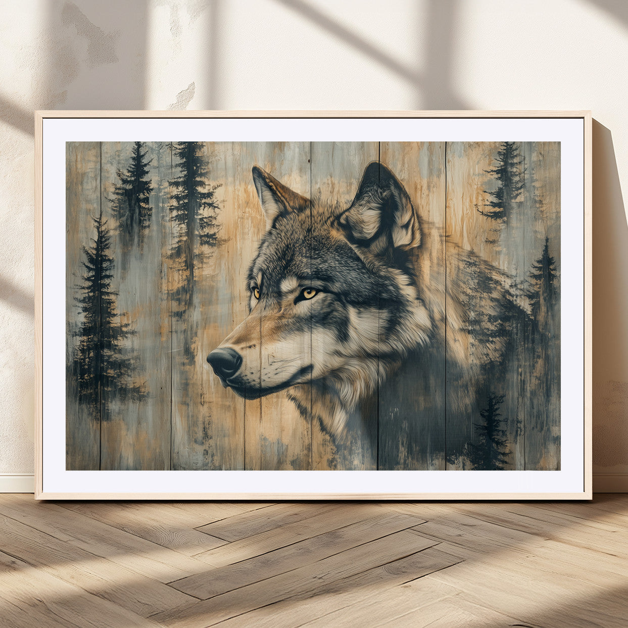 51892-MGV-CV-36X24-Wolf Wall Art – Rustic Canvas Print of Wolf with Forest Trees on Wood Texture, Wildlife Lodge Artwork for Living Room, Bedroom,