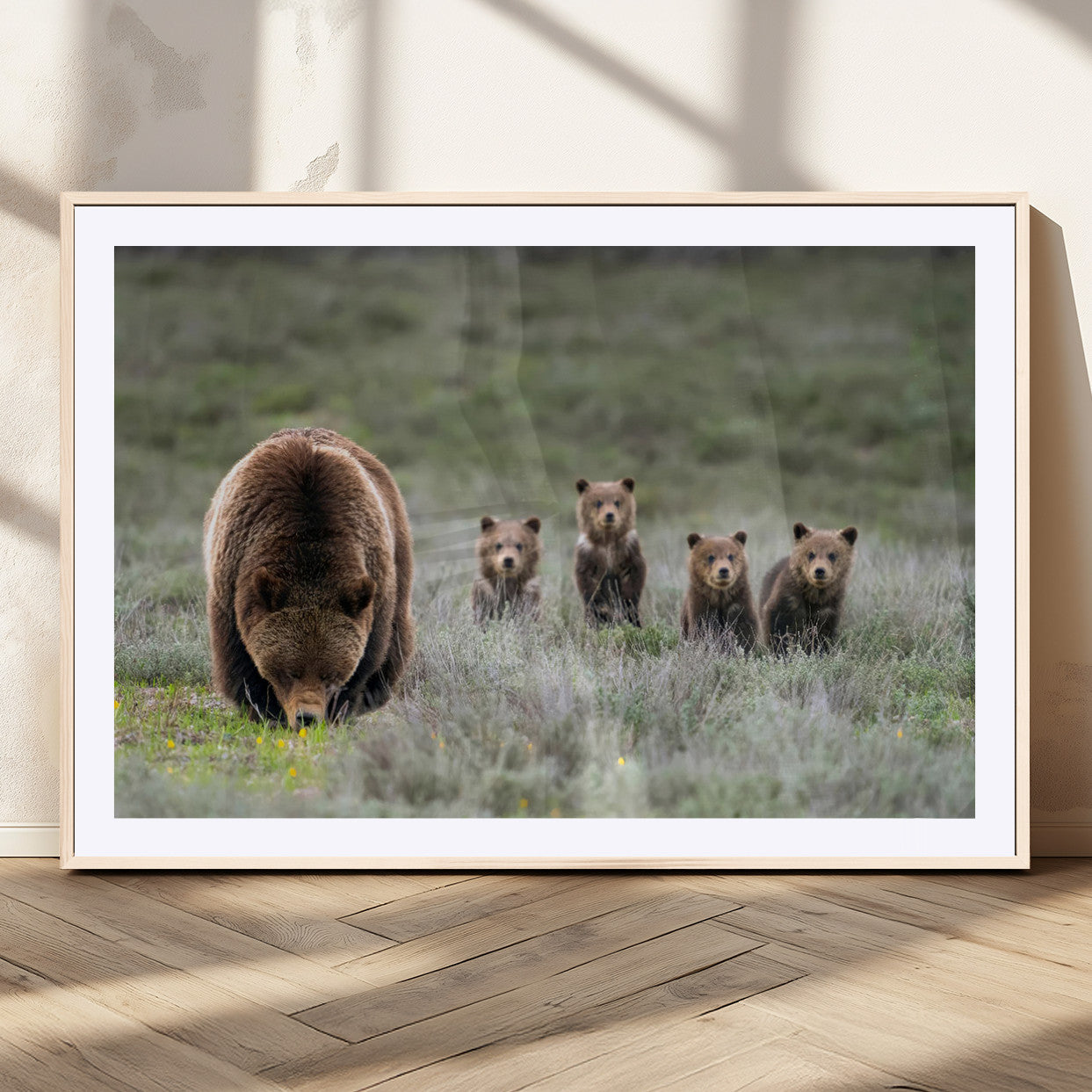 40555-MGC-FP-36x24_Natural-Bear Family Wall Art – Wildlife Canvas Print of Mother Bear with Four Cubs in Nature, Rustic Animal Artwork for Living Room,