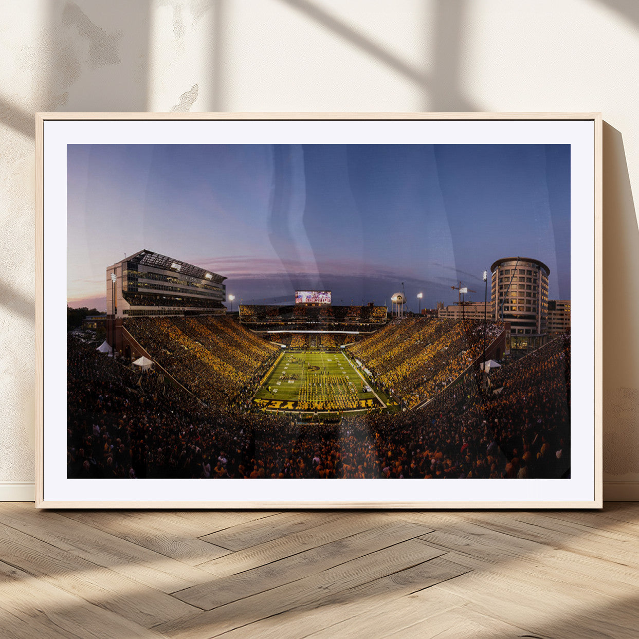 82557-MGV-CV-36X24-College Football Stadium Wall Art – Panoramic Sunset Canvas Print with Marching Band and Game Day Crowd, Sports Artwork for Man