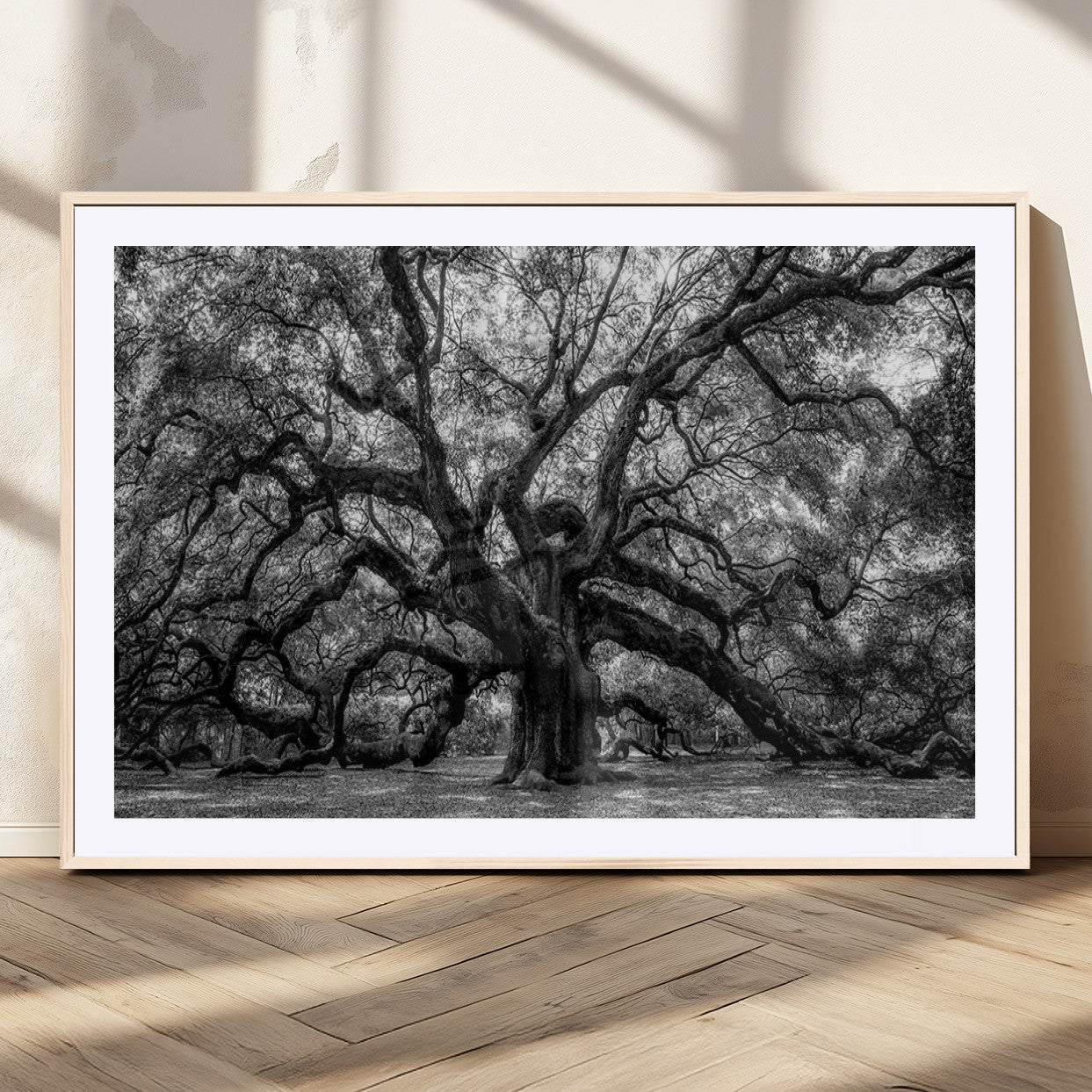 132944706-MGV-CV-36X24-Ancient Tree Wall Art – Black and White Photography Canvas Print Featuring Majestic Twisting Branches, Rustic Nature Artwork for