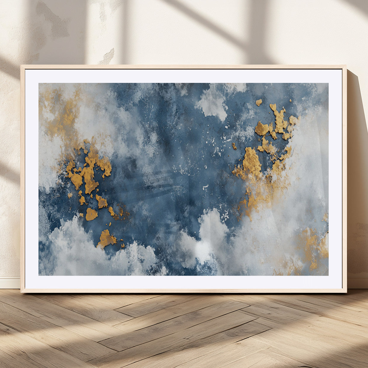 39575-MGC-FP-36x24_Natural-Blue and Gold Abstract Wall Art – Modern Canvas Print Featuring Cloudy Textures with Metallic Accents, Contemporary Artwork for