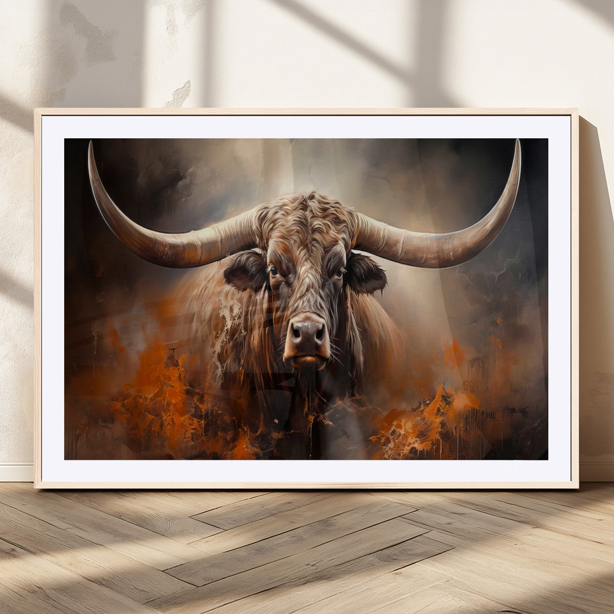 240479-MGC-FP-36x24_Natural-Longhorn Bull Wall Art – Dramatic Western Canvas Print Featuring Horned Bull with Fiery Background, Rustic Farmhouse Artwork for