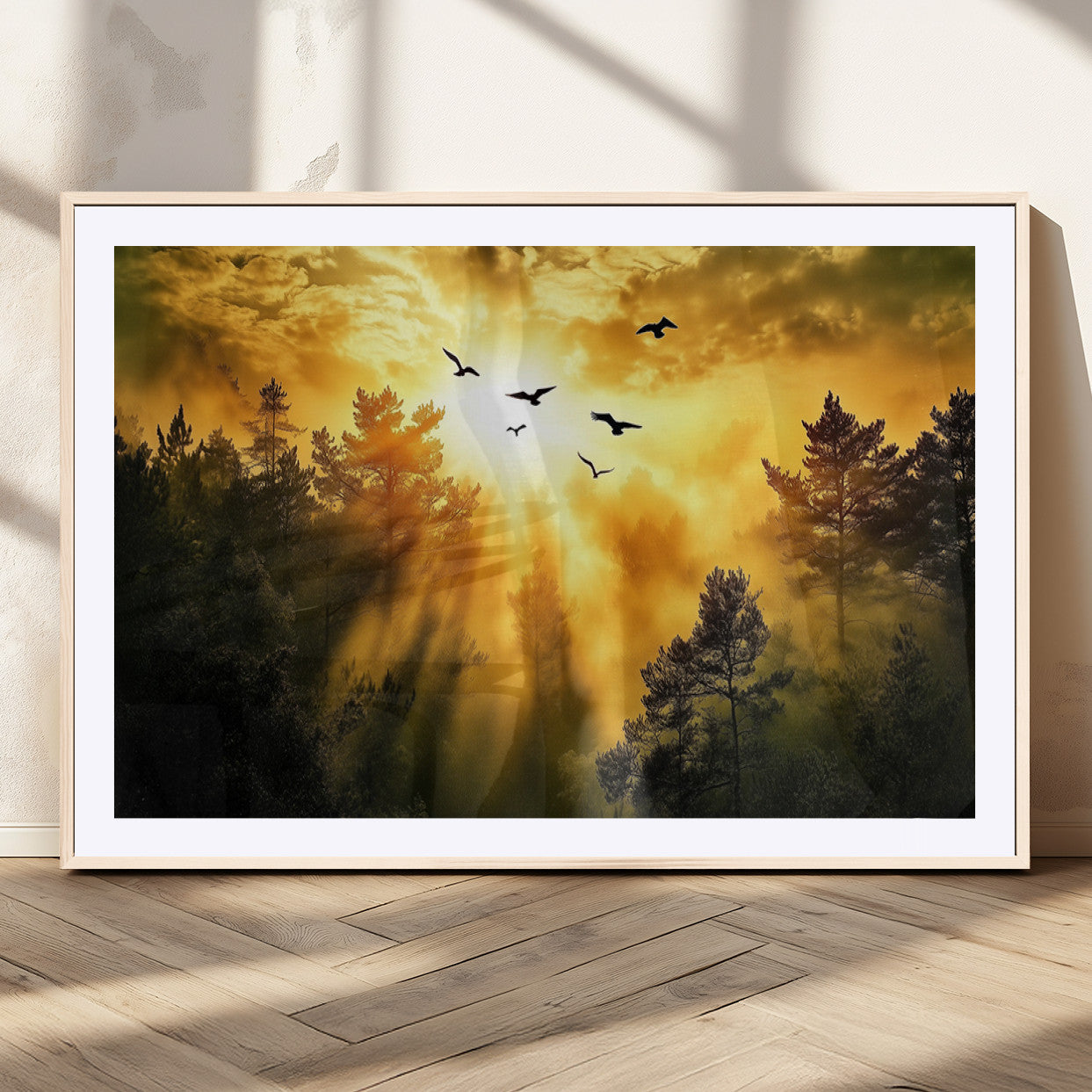 13776802-MGC-FP-36x24_Natural-Golden Forest Wall Art Canvas Print, Framed Sunset Pines Art Picture Print, Flying Birds Perfect Nature Glow Decor Artwork