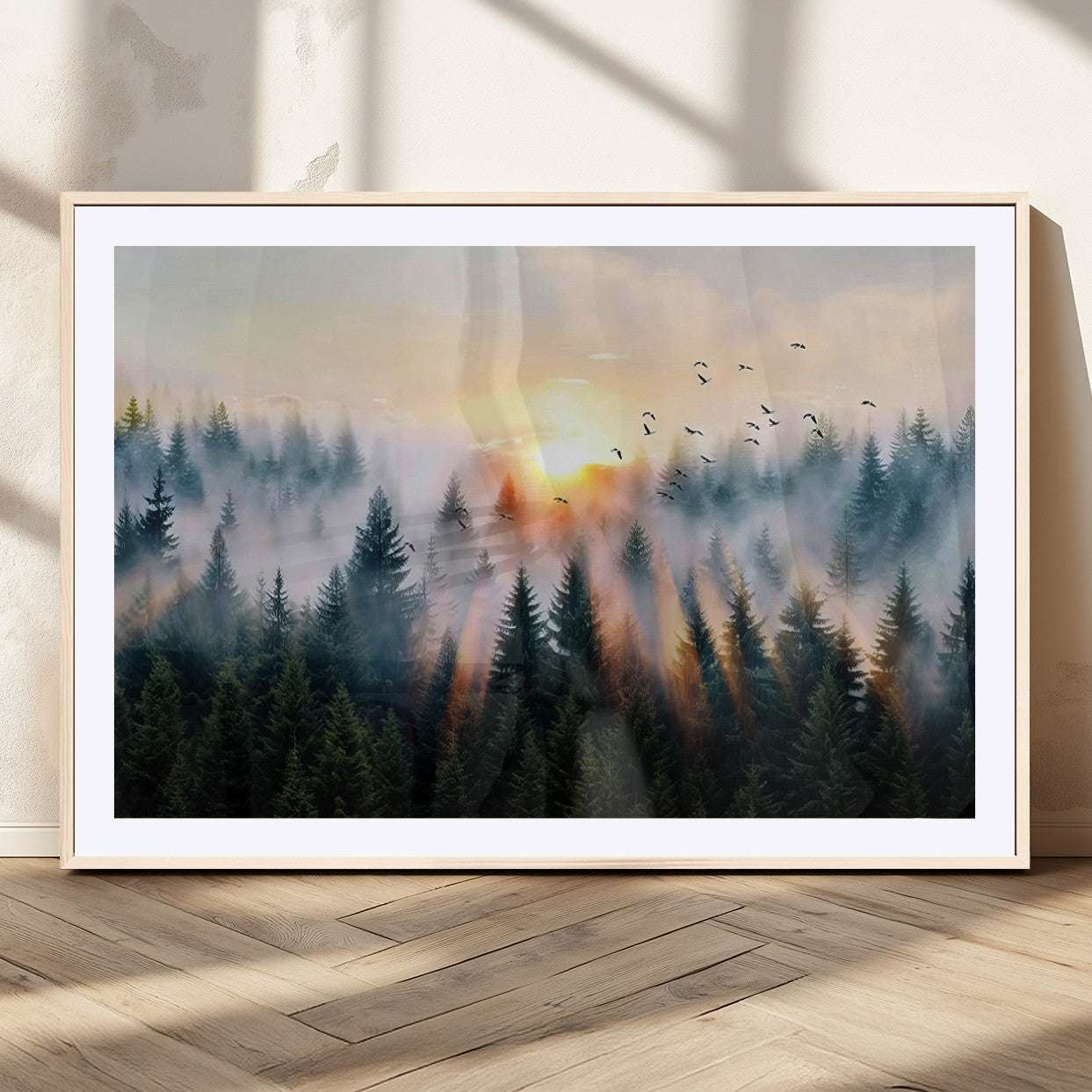 56391411-MGV-CV-36X24-Misty Forest Wall Art Canvas Print, Framed Sunrise Pines Art Picture Print, Moody Pines Perfect Serene Woodland Decor Artwork