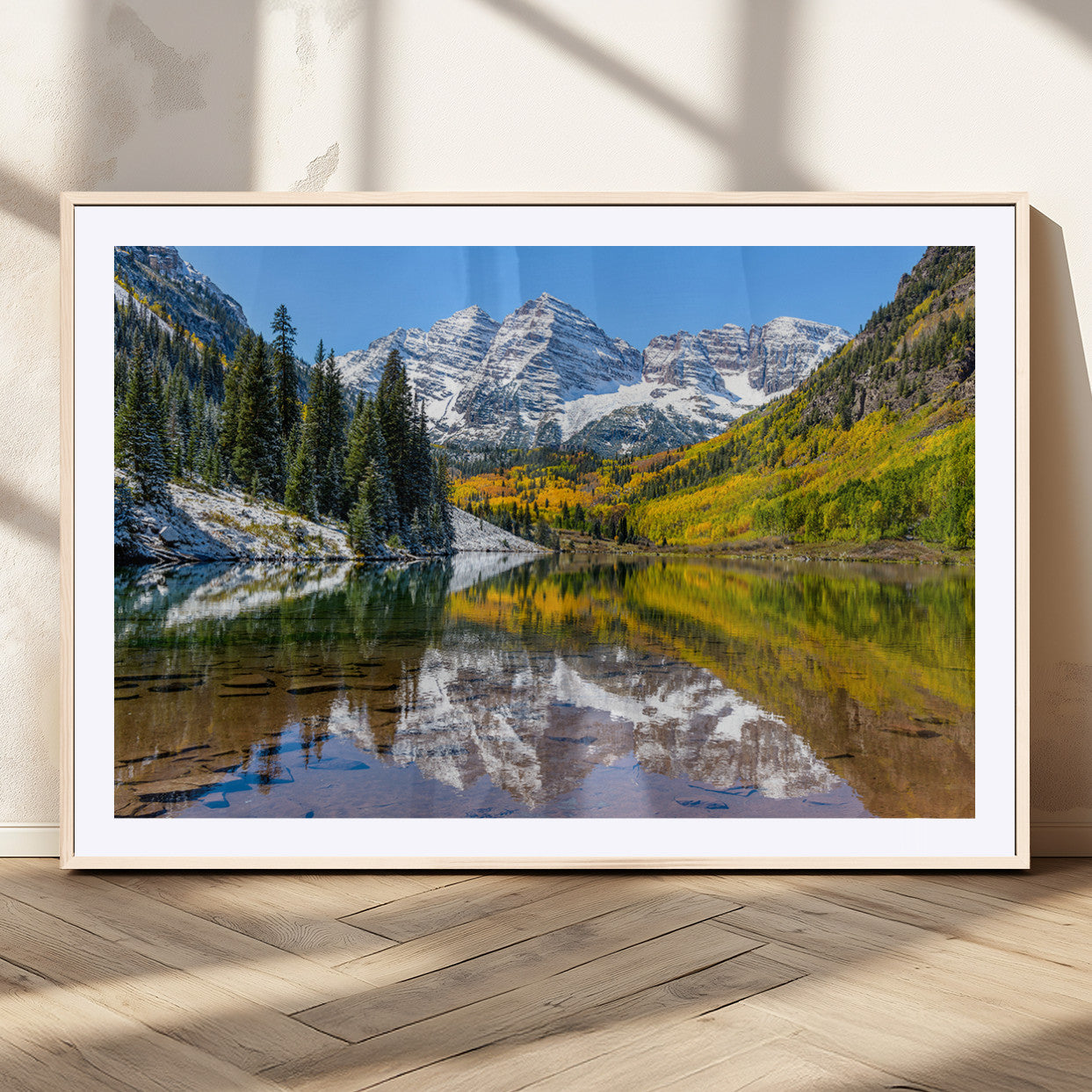 87724099-MGV-CV-36X24-Maroon Bells Wall Art Canvas Print, Framed Snowy Mountains Art Picture Print, Pine Forest Perfect Vibrant Alpine Decor Artwork