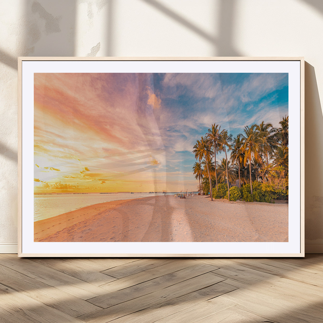 41542880-MGV-CV-36X24-Tropical Beach Wall Art Canvas Print, Framed Palm Trees Art Picture Print, Sunset Shore Perfect Tropical Coastal Decor Artwork