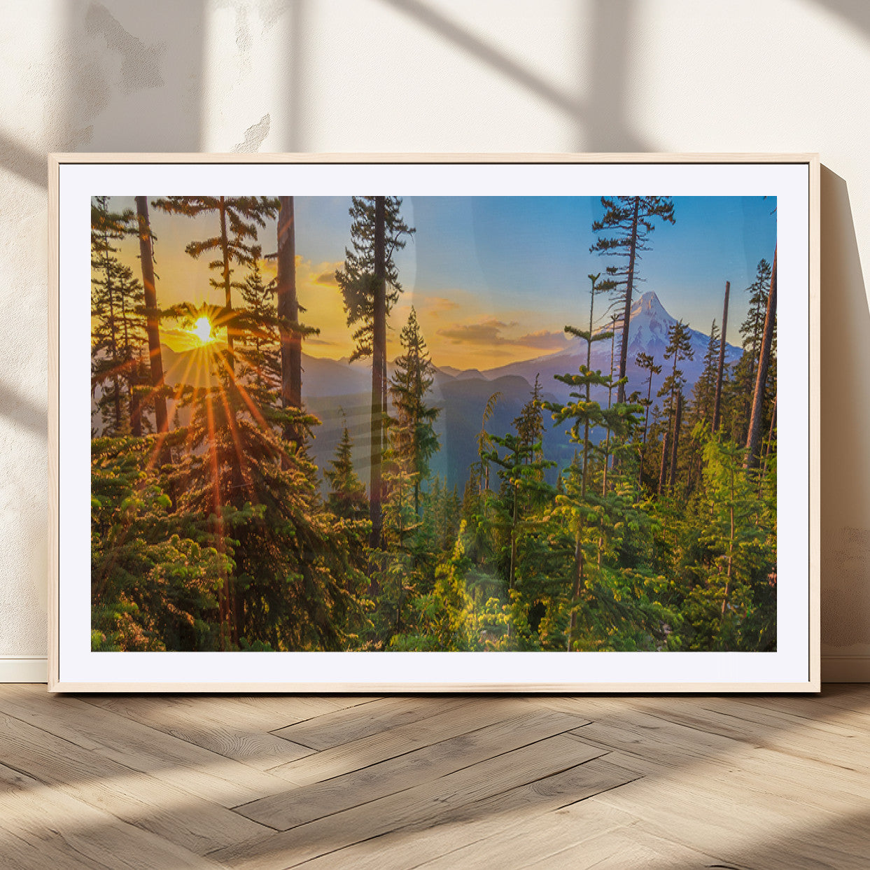 83544043-MGC-FP-36x24_Natural-Forest Sunset Wall Art Canvas Print, Framed Sunset Trees Art Picture Print, Green Pines Perfect Rustic Nature Decor Artwork