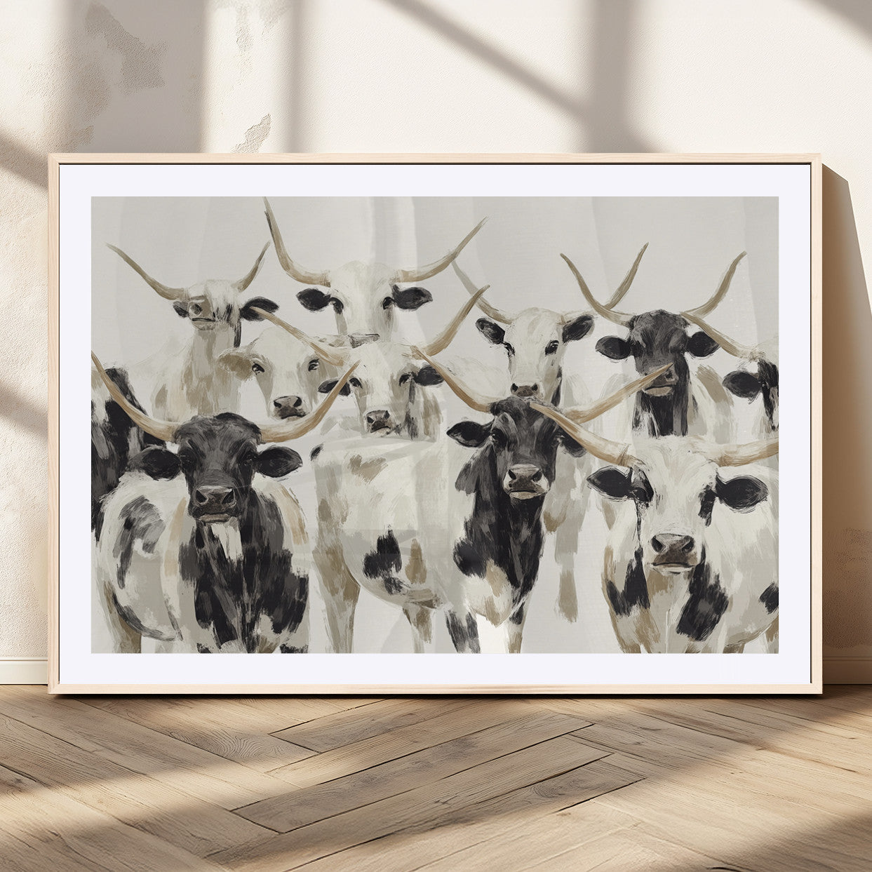52947970-MGC-FP-36x24_Natural-Texas Longhorn Wall Art Canvas Print, Framed Cattle Herd Art Picture Print, Herd Portrait Perfect Modern Farmhouse Decor Artwork