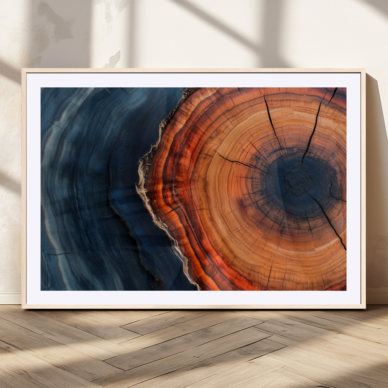 57732250-MGV-CV-36X24-Tree Ring Abstract Wall Art – Blue Orange Wood Grain Canvas Print, Modern Rustic Nature Artwork for Living Room, Office,