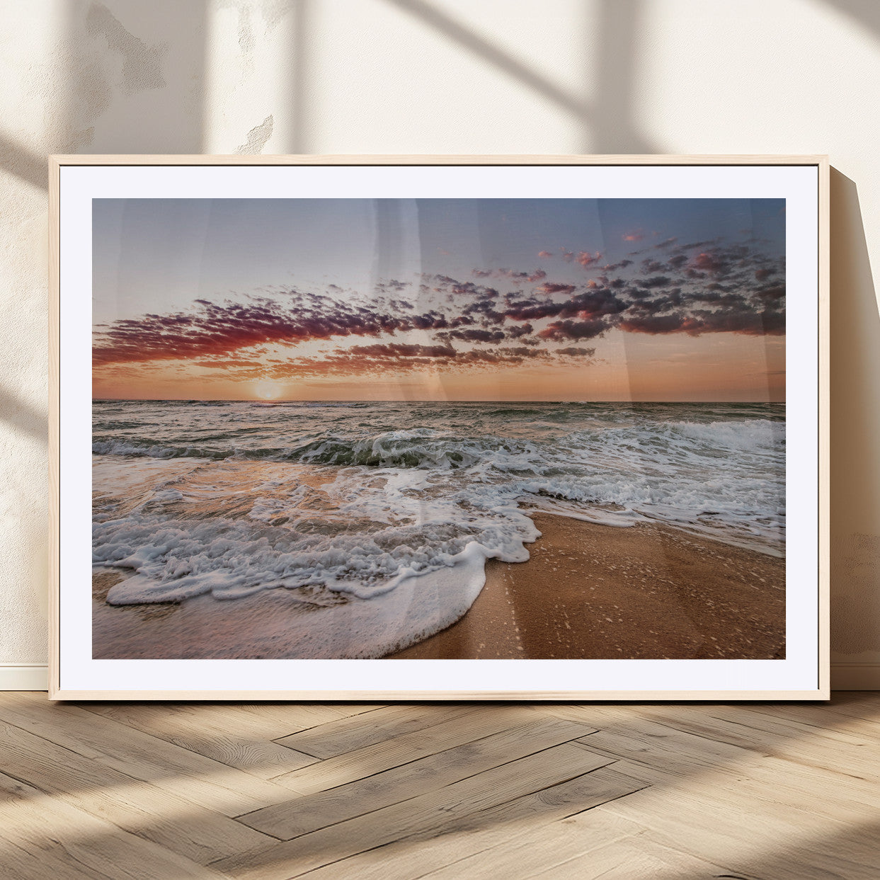39846389-MGC-FP-36x24_Natural-Ocean Sunset Wall Art Canvas Print, Framed Sandy Shore Art Picture Print, Gentle Waves Perfect Minimalist Coastal Decor Artwork