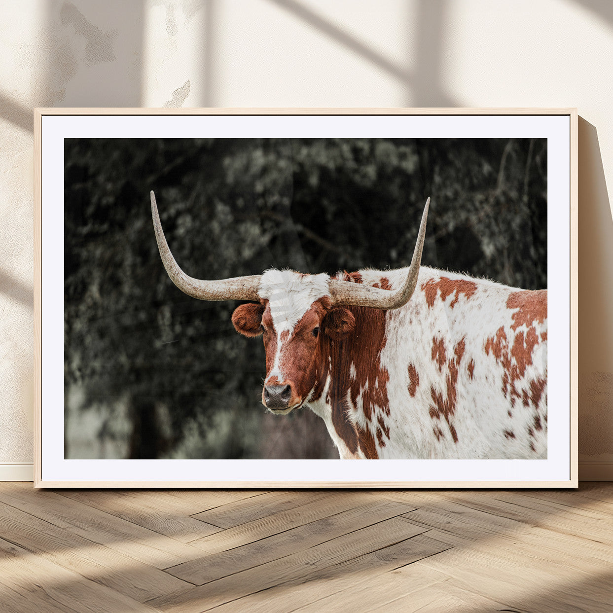 54027638-MGV-CV-36X24-Texas Longhorn Wall Art Canvas Print, Framed Spotted Cow Art Picture Print, Horned Bull Perfect Rustic Western Decor Artwork