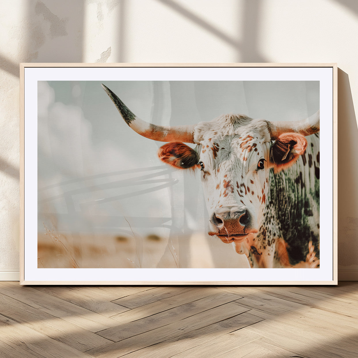 72766375-MGV-CV-36X24-Texas Longhorn Wall Art Canvas Print, Framed Spotted Cow Art Picture Print, Horned Cattle Perfect Rustic Western Decor Artwork