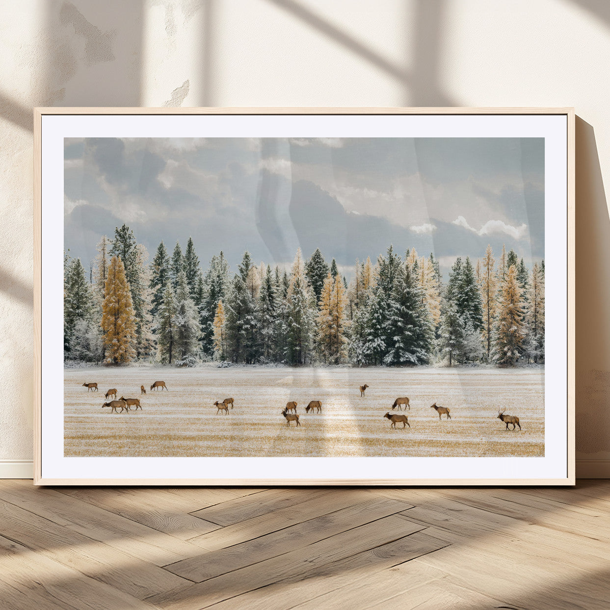 64188182-MGV-CV-36X24-Elk Herd Wall Art Canvas Print, Framed Snowy Forest Art Picture Print, Forest Elks Perfect Neutral Rustic Decor Artwork