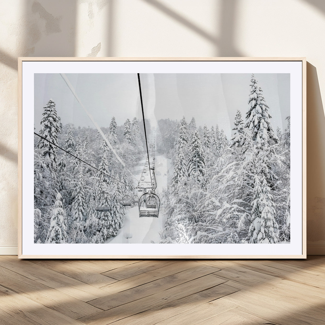 60296839-MGV-CV-36X24-Snowy Mountains Wall Art Canvas Print, Framed Ski Lift Art Picture Print, Winter Forest Perfect Winter Minimalist Decor Artwork