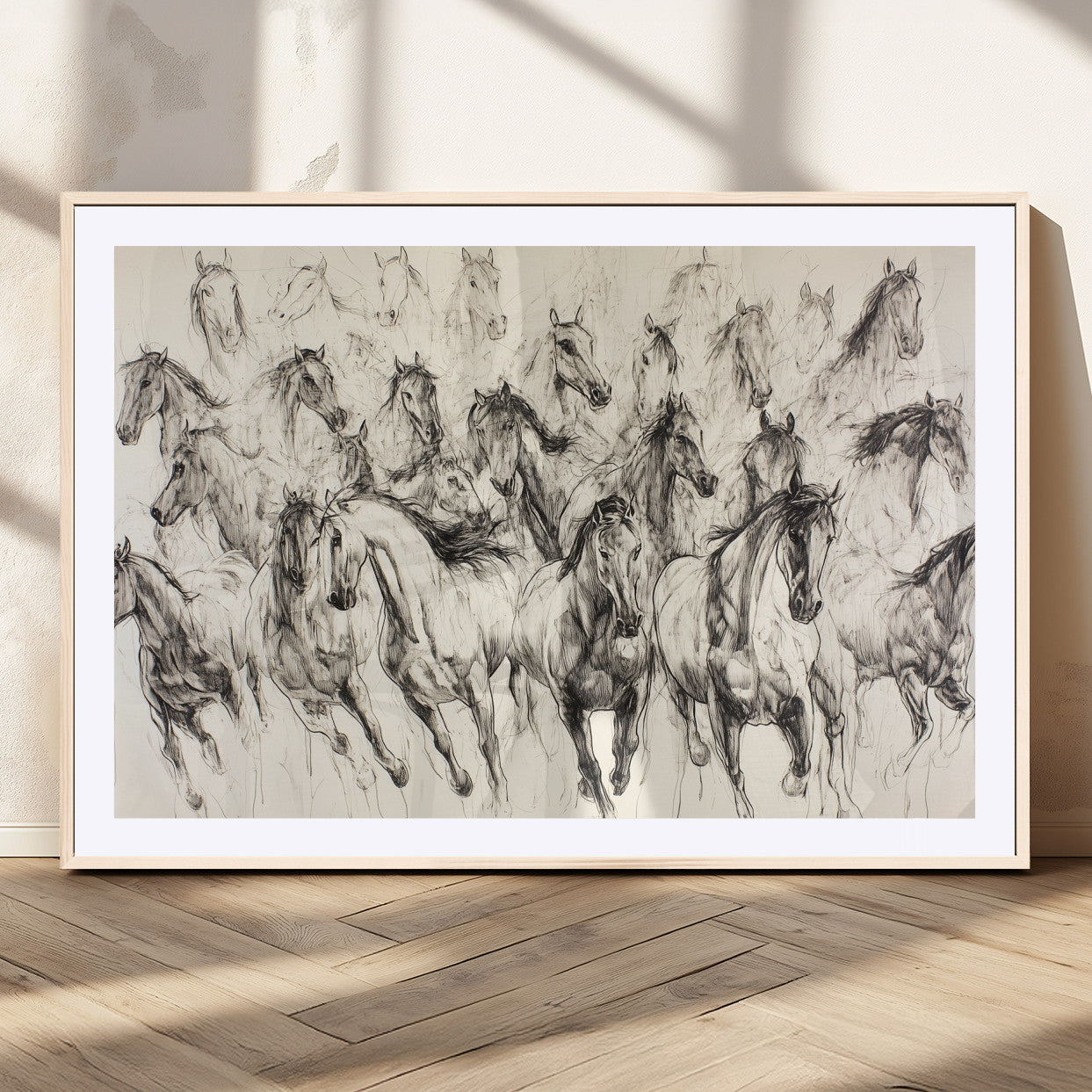 19433417-MGC-FP-36x24_Natural-Running Horses Wall Art Canvas Print, Framed Horse Sketch Art Picture Print, Galloping Herd Perfect Monochrome Western Decor