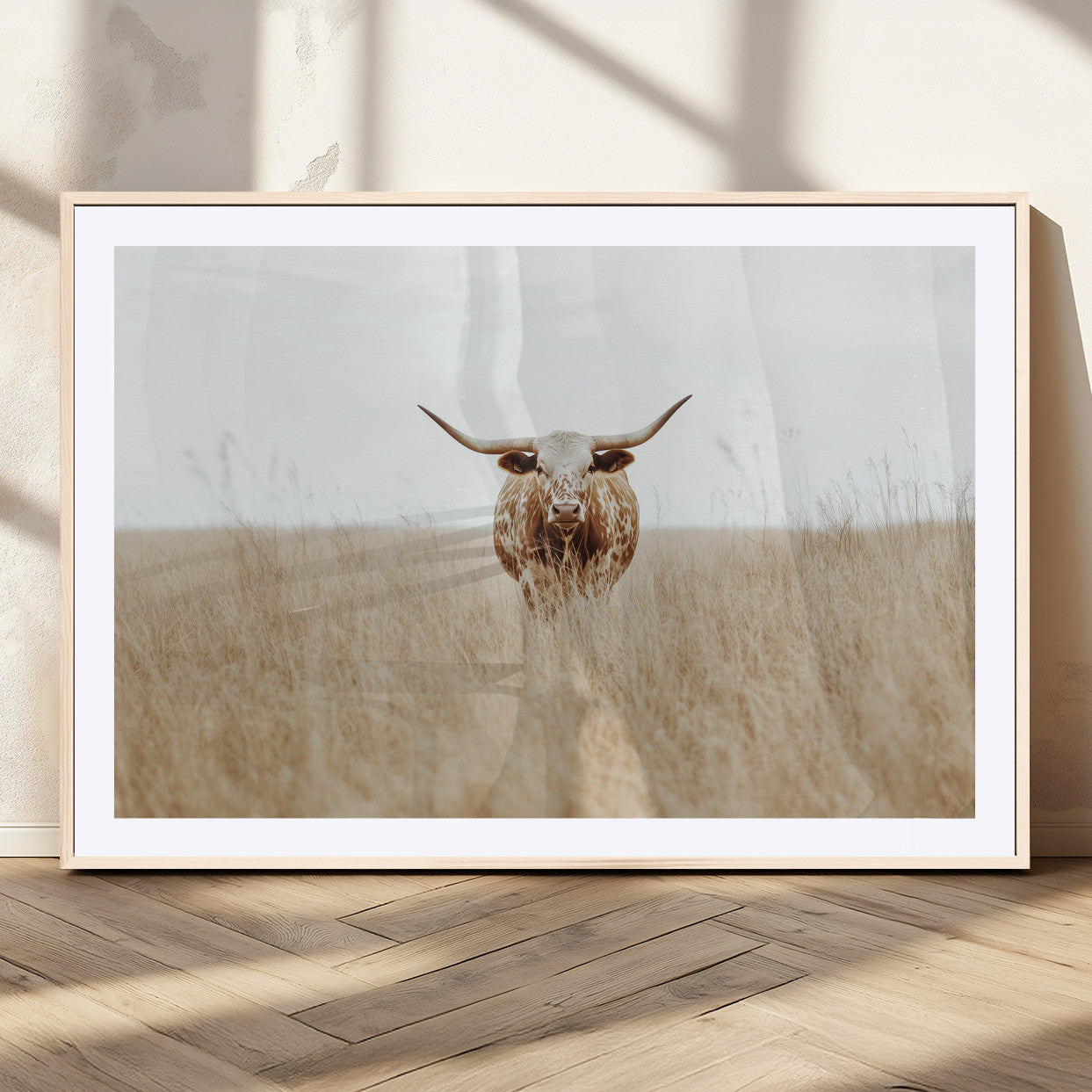 20927060-MGV-CV-36X24-Texas Longhorn Wall Art Canvas Print, Framed Lone Cattle Art Picture Print, Longhorn Bull Perfect Rustic Western Decor Artwork