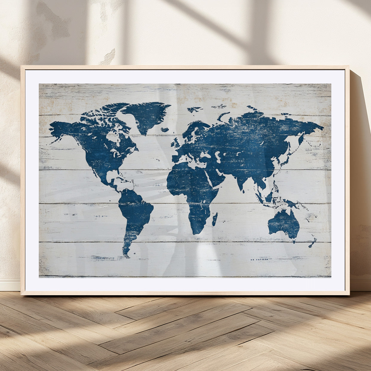 54107201-MGC-FP-36x24_Natural-World Map Wall Art Canvas Print, Framed Rustic Atlas Art Picture Print, Wooden Map Perfect Vintage Decor Artwork