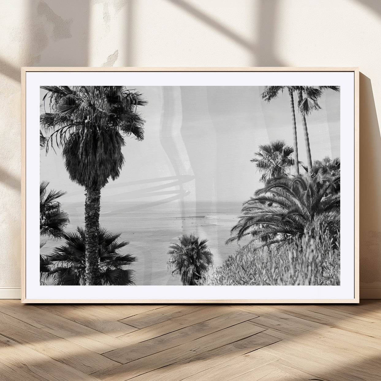 89458520-MGV-CV-36X24-Palm Trees Wall Art Canvas Print, Framed Coastal View Art Picture Print, Ocean Horizon Perfect Monochrome Coast Decor Artwork