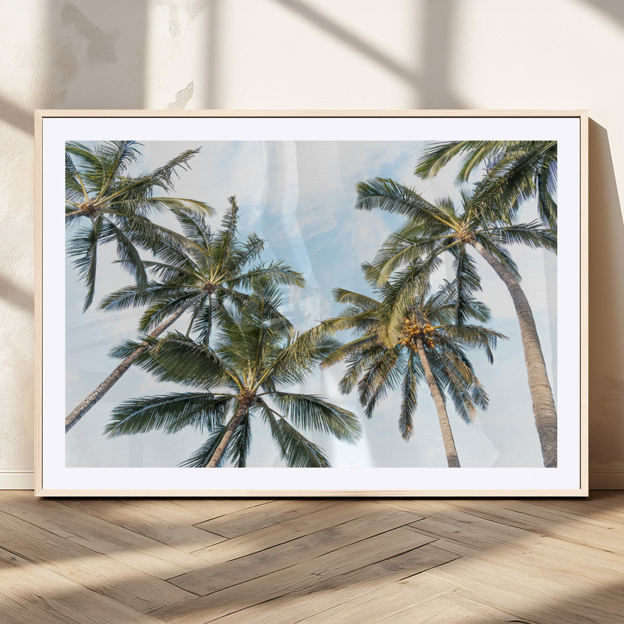 87247012-MGC-FP-36x24_Natural-Skyward Palm Trees Wall Art Canvas Print, Framed Tropical Sky Art Picture Print, Coconut Palm Perfect Tropical Skyview Decor