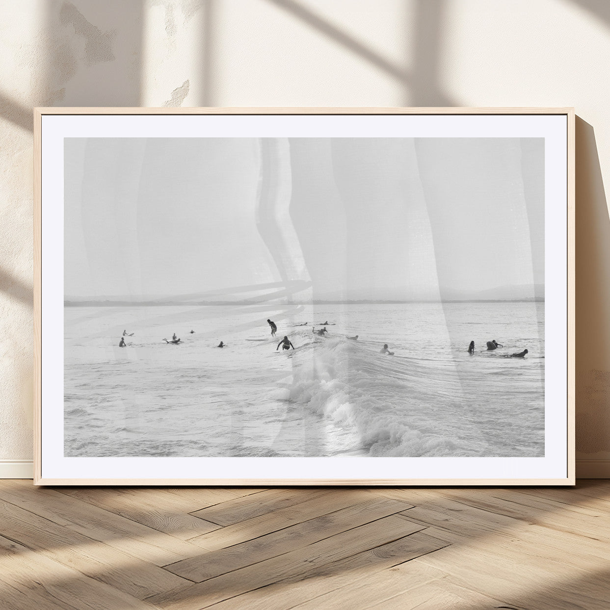 33449548-MGV-CV-36X24-Group Surfers Wall Art Canvas Print, Framed Ocean Wave Art Picture Print, Surf Crowd Perfect Monochrome Surf Decor Artwork