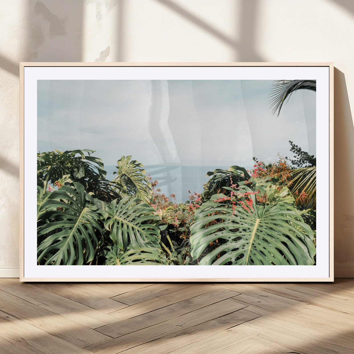 45700479-MGC-FP-36x24_Natural-Monstera Leaves Wall Art Canvas Print, Framed Tropical Ocean Art Picture Print, Tropical Foliage Perfect Tropical Coastal Jungle
