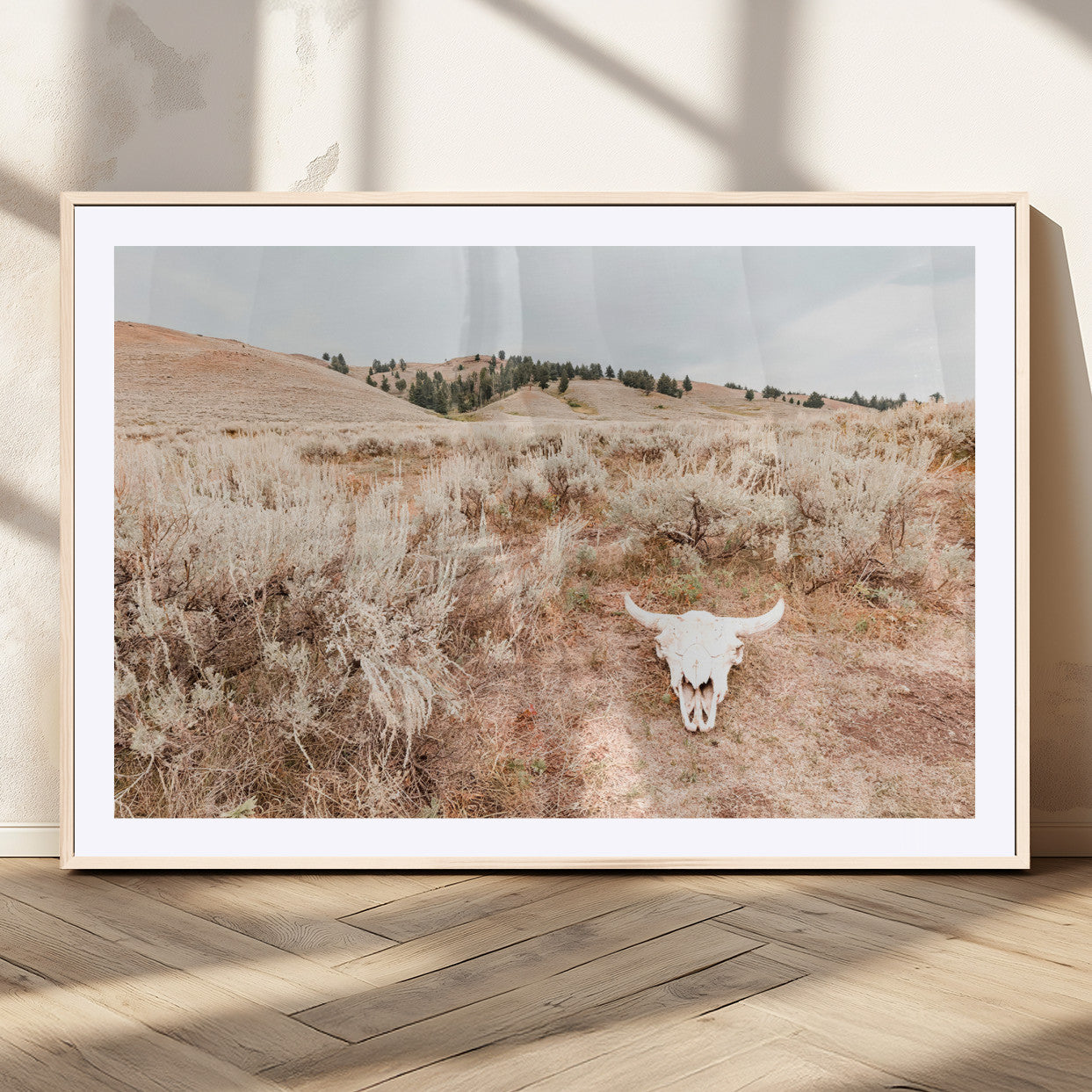 97234735-MGC-FP-36x24_Natural-Rustic Bones Wall Art Canvas Print, Framed Desert Sage Art Picture Print, Prairie Skull Perfect Minimal Rustic Decor Artwork