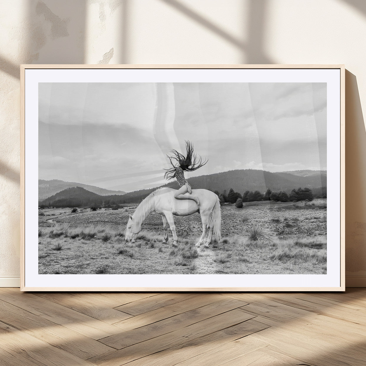 62789800-MGC-FP-36x24_Natural-White Horse Wall Art Canvas Print, Framed Woman Rider Art Picture Print, Equestrian Pose Perfect Western Boho Decor Artwork