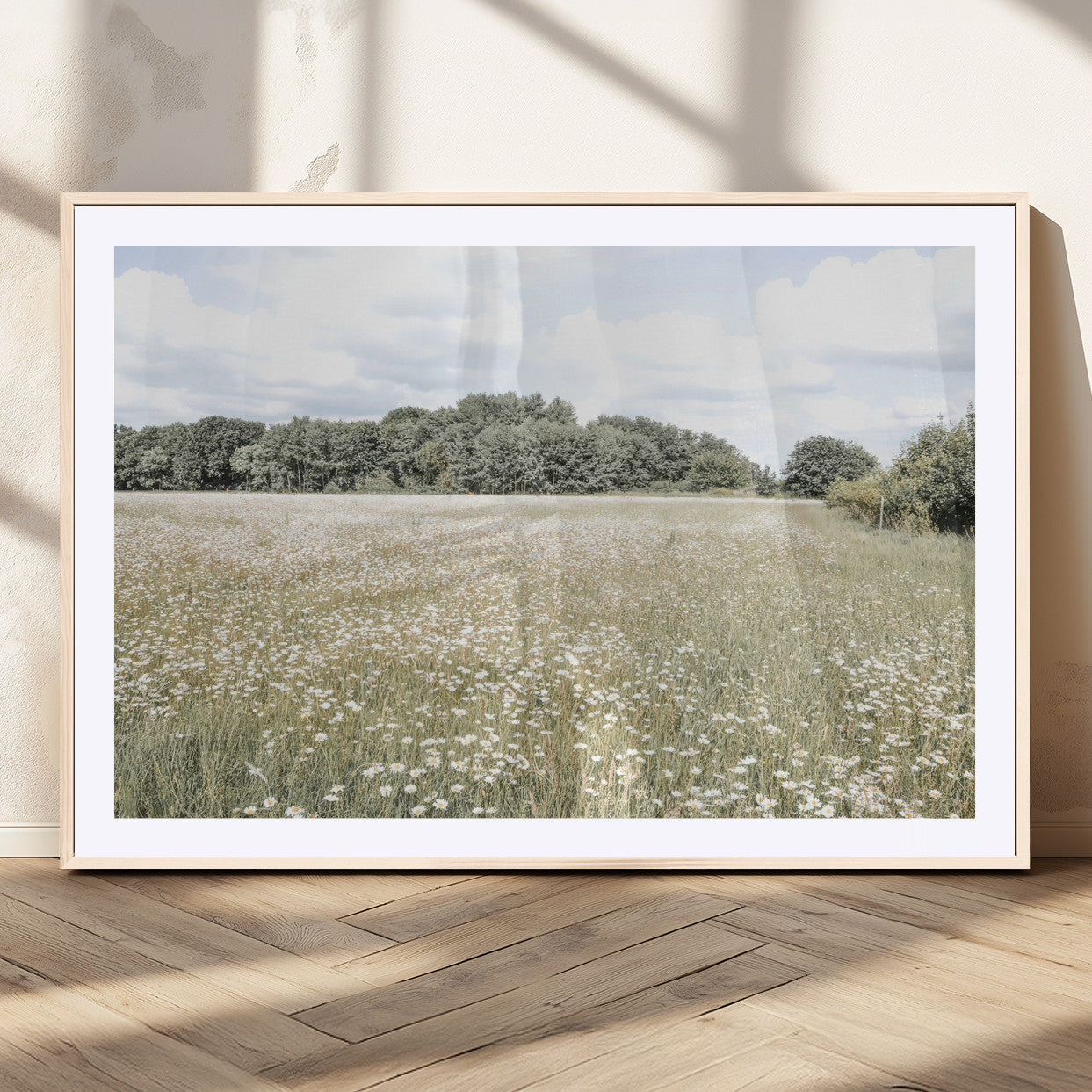 43258946-MGV-CV-36X24-Daisy Field Wall Art Canvas Print, Framed Pastel Flower Art Picture Print, Meadow Bloom Perfect Scandinavian Minimalist Decor