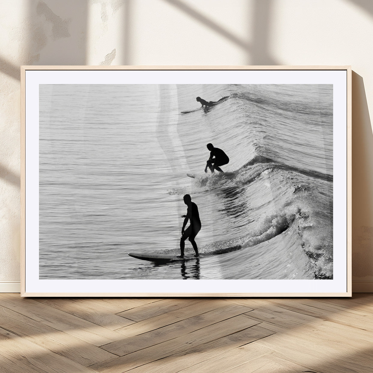19875284-MGV-CV-36X24-Surfer Waves Wall Art Canvas Print, Framed Black White Surf Art Picture Print, Monochrome Ocean Perfect Modern Coastal Decor