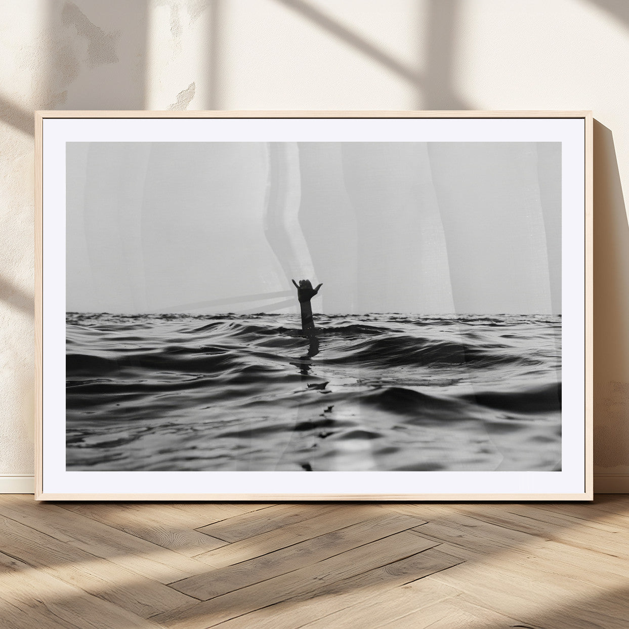 69541918-MGV-CV-36X24-Black White Ocean Wall Art Canvas Print, Framed Moody Seascape Art Picture Print, Surfer Sign Perfect Moody Minimalist Decor