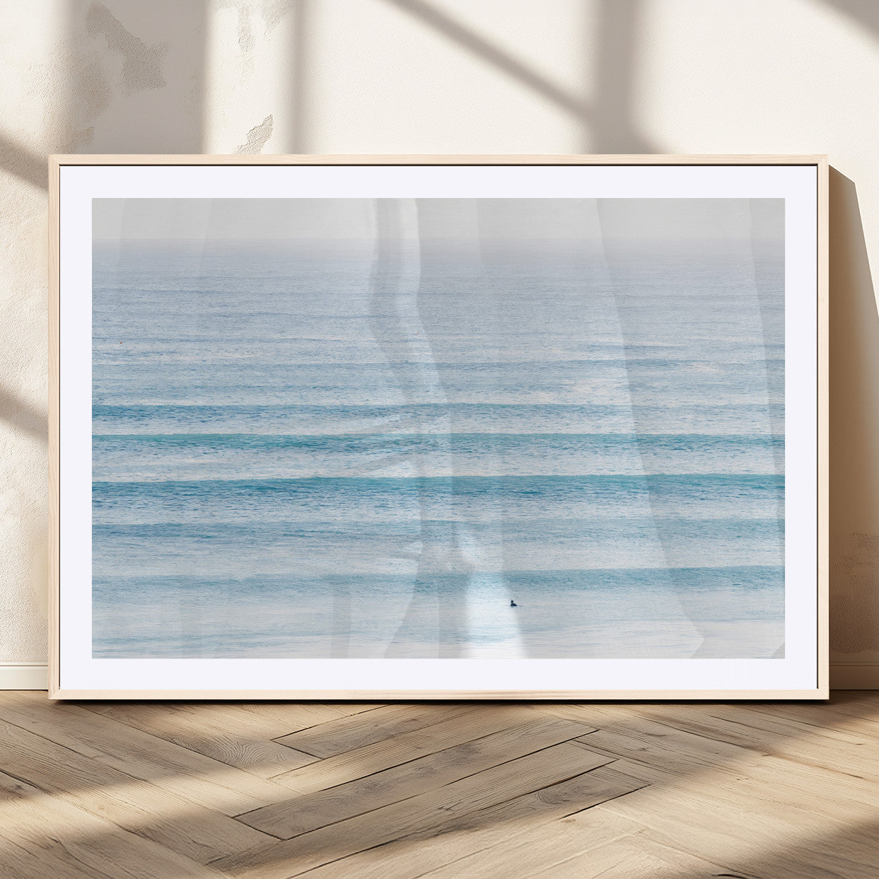 77145995-MGC-FP-36x24_Natural-Ocean Simplicity Wall Art Canvas Print, Framed Surfer on Water Art Picture Print, Light Blue Perfect Coastal Minimalist Decor
