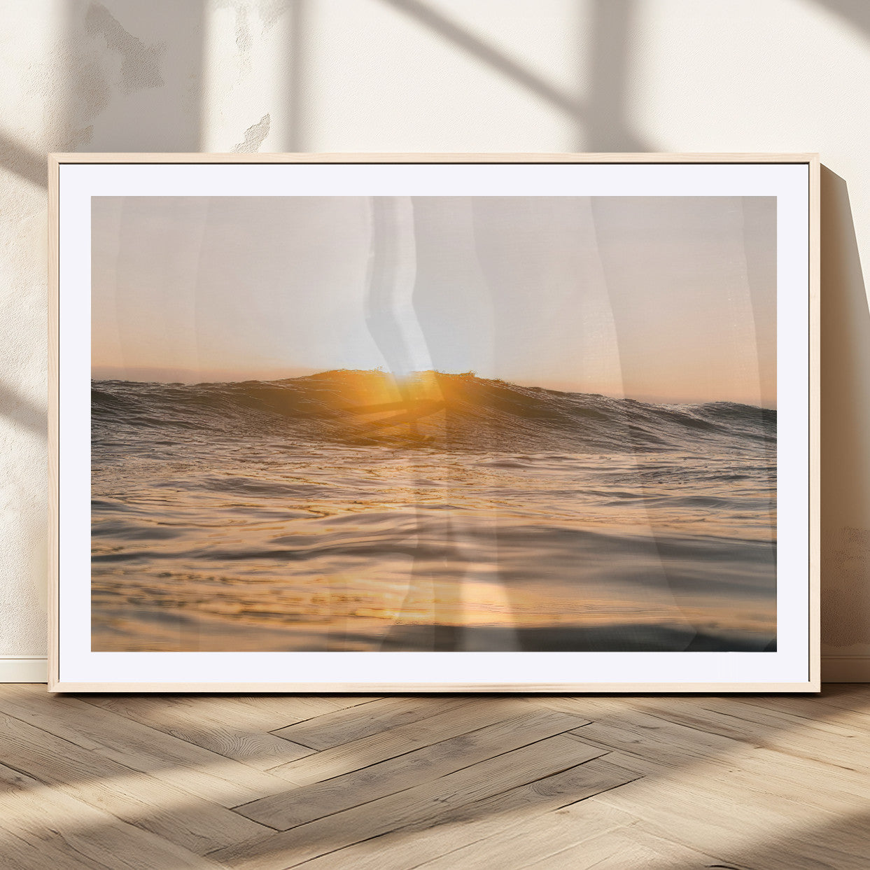 16973771-MGC-FP-36x24_Natural-Calm Water Wall Art Canvas Print, Framed Sunset Waves Art Picture Print, Coastal Warmth Perfect Warm Minimalist Decor Artwork