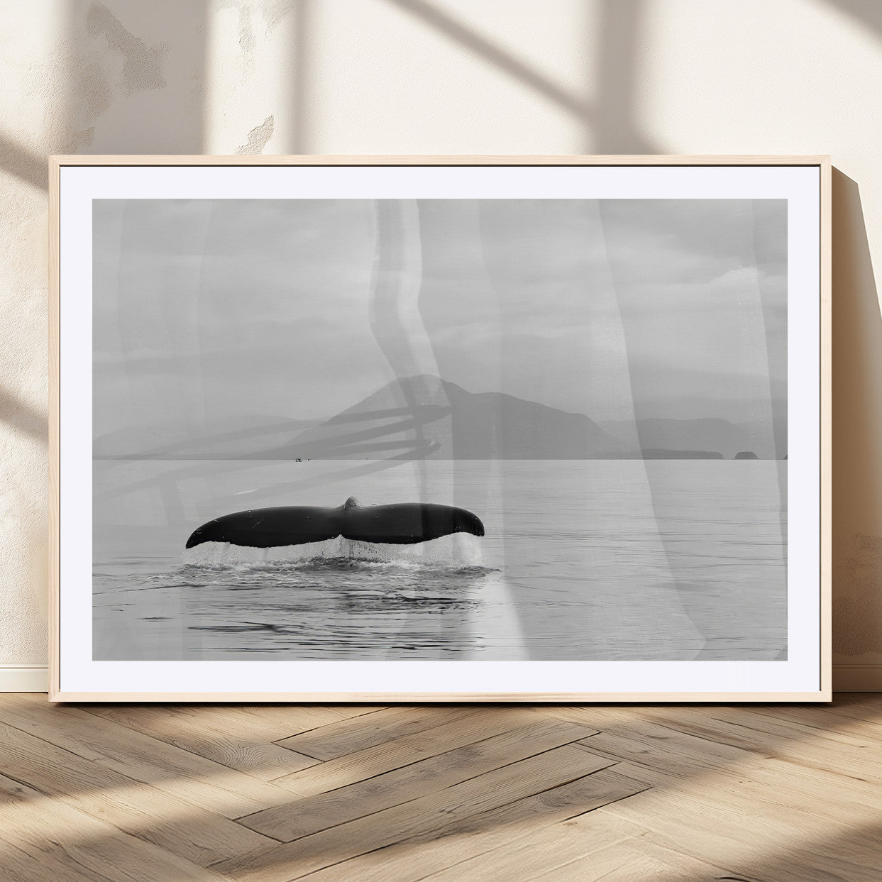 30524220-MGC-FP-36x24_Natural-Whale Tail Wall Art Canvas Print, Framed Black White Ocean Art Picture Print, Calm Marine Perfect Minimalist Coastal Decor Artwork