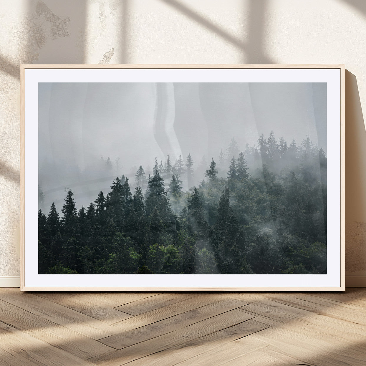 84146572-MGC-FP-36x24_Natural-Foggy Pine Trees Wall Art Canvas Print, Framed Forest Nature Art Picture Print, Evergreen Forest Perfect Scandinavian Minimalist