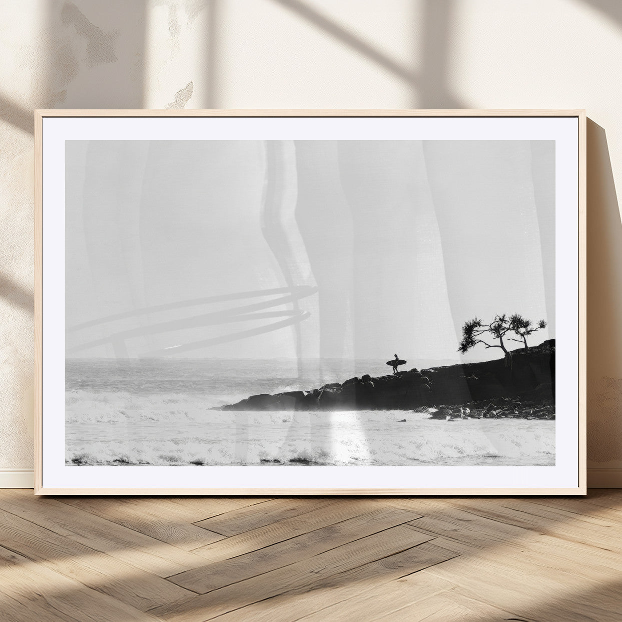 40875891-MGV-CV-36X24-SurferCliffs Wall Art Canvas Print, Framed Black White Beach Art Picture Print, Ocean Waves Perfect Minimalist Coastal Decor