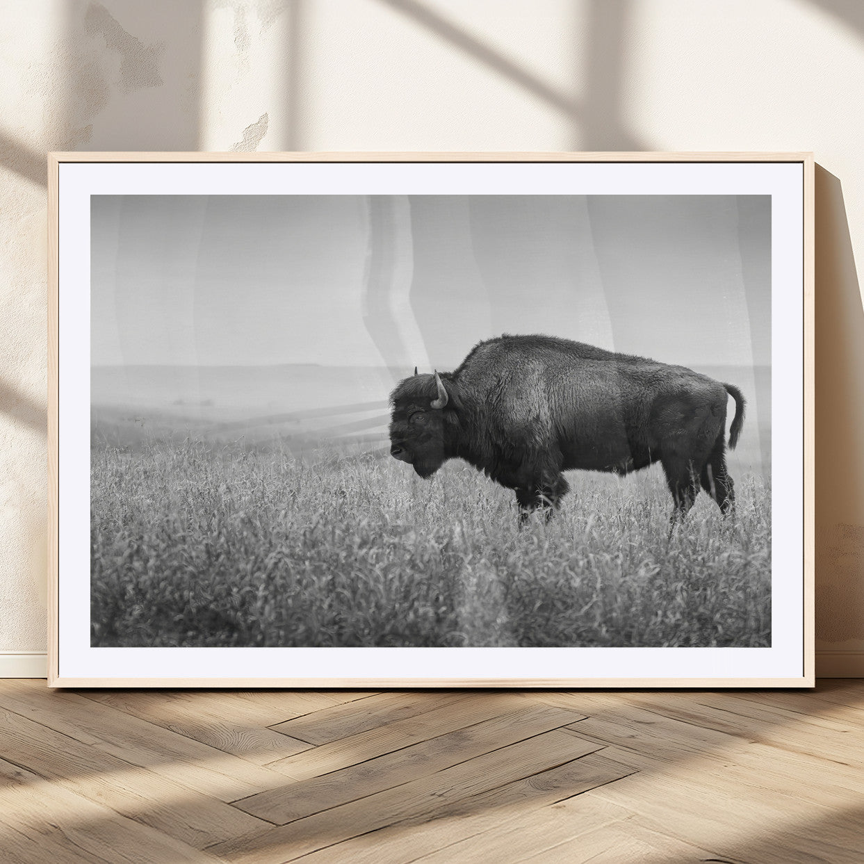 28435251-MGV-CV-36X24-Bison In Prairie Wall Art Canvas Print, Framed Rustic Wildlife Art Picture Print, Wild Buffalo Perfect Rustic Western Decor